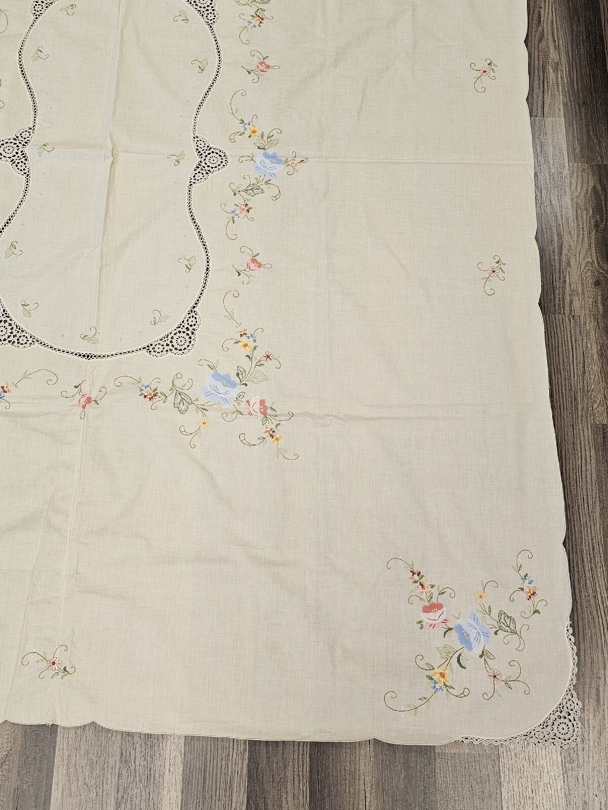 Vintage Handmade Linen Needlepoint Floral Table Cloth Cross Stitched 80" X 64"