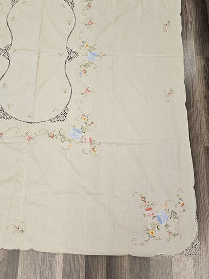 Vintage Handmade Linen Needlepoint Floral Table Cloth Cross Stitched 80" X 64"
