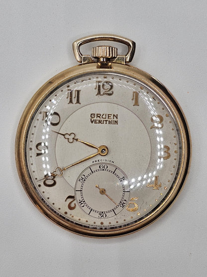 10k Gold Filled Gruen Verithin Pocket Watch Working Condition 