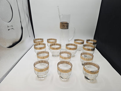 Vtg MCM Culver Gold Rim Tyrol Hollywood Regency Cocktail Pitcher & Glasses