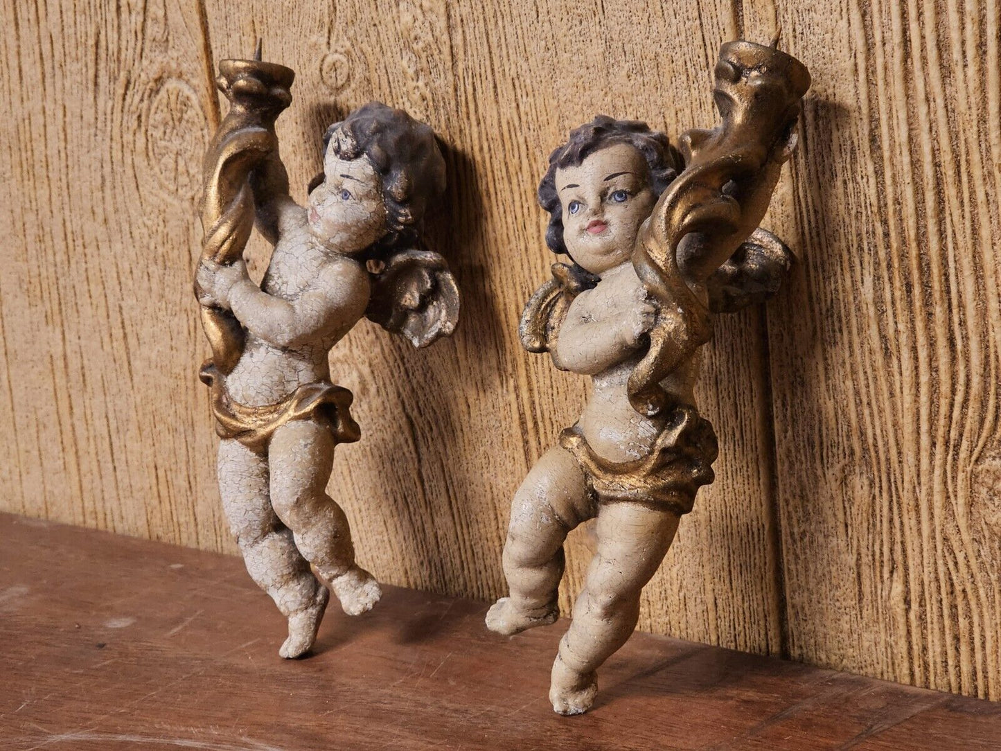 Pair Of Antique 19th Century Italian Cherub Sconces Hand Carved Painted 9in Tall