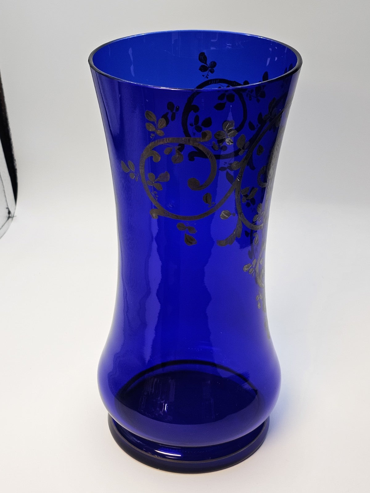 Vtg Czech Cobalt Blue Art Glass Vase With Silver Overlay Parrots Birds 11 " Tall