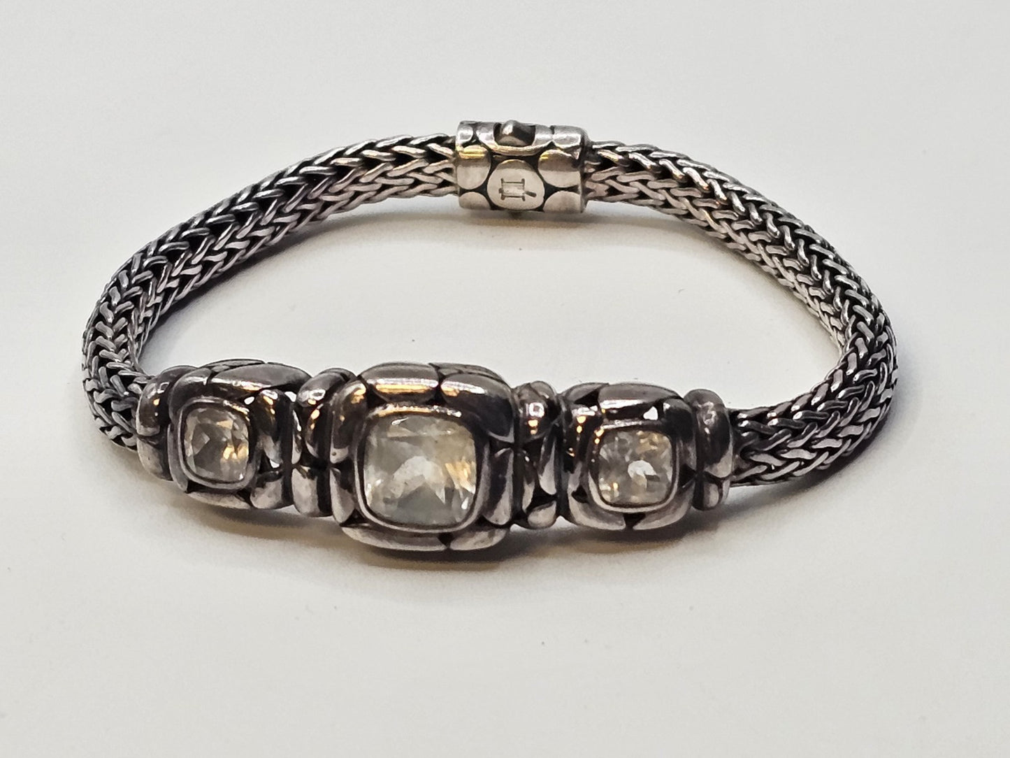 John Hardy 925 Sterling White Topaz Woven Bracelet 33 Grams 7.5 Inch 3 Stones