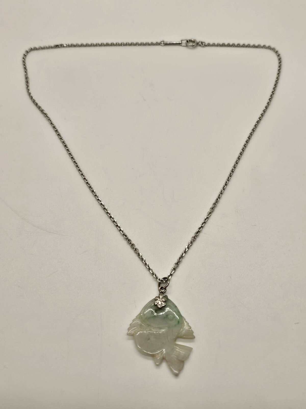 Hand Carved Jade Fish Pendant 1.25" Long On Silver Necklace 17.75" Long