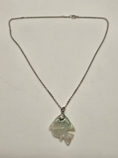 Hand Carved Jade Fish Pendant 1.25" Long On Silver Necklace 17.75" Long