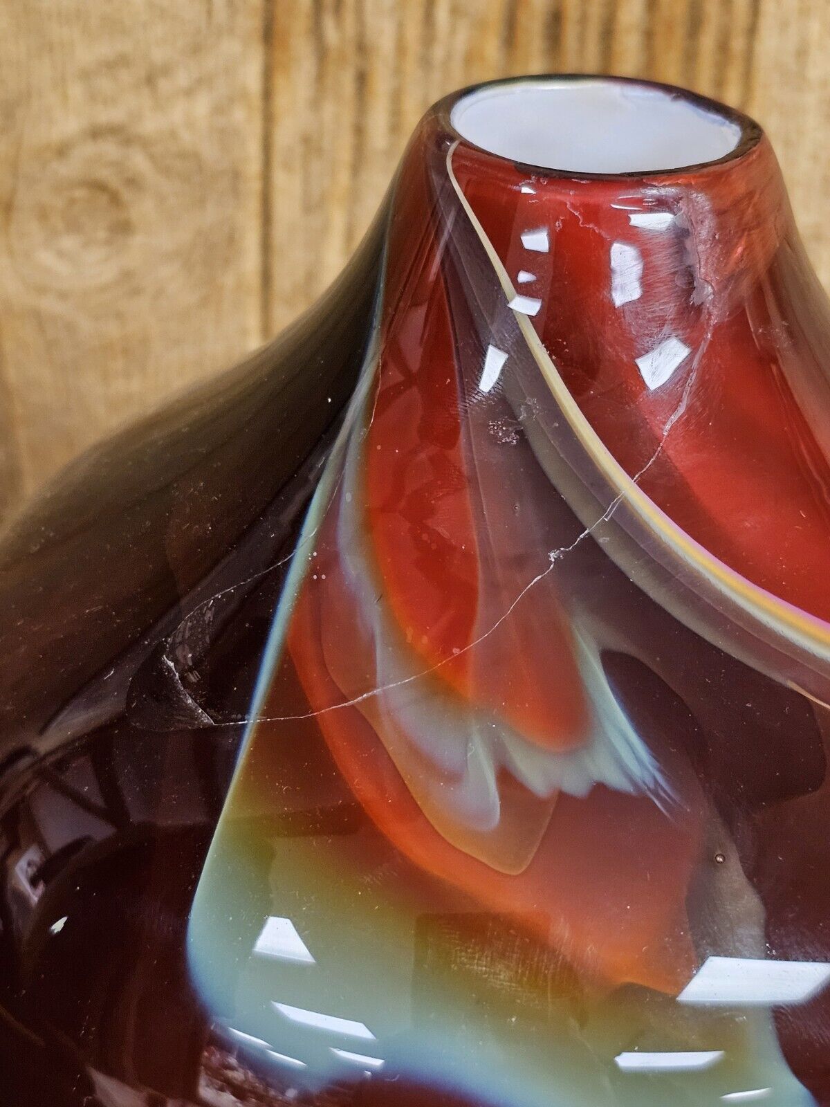 Michael Mortara Hand Blown Volcano Glass Vase 13.5" Tall Damaged On Top