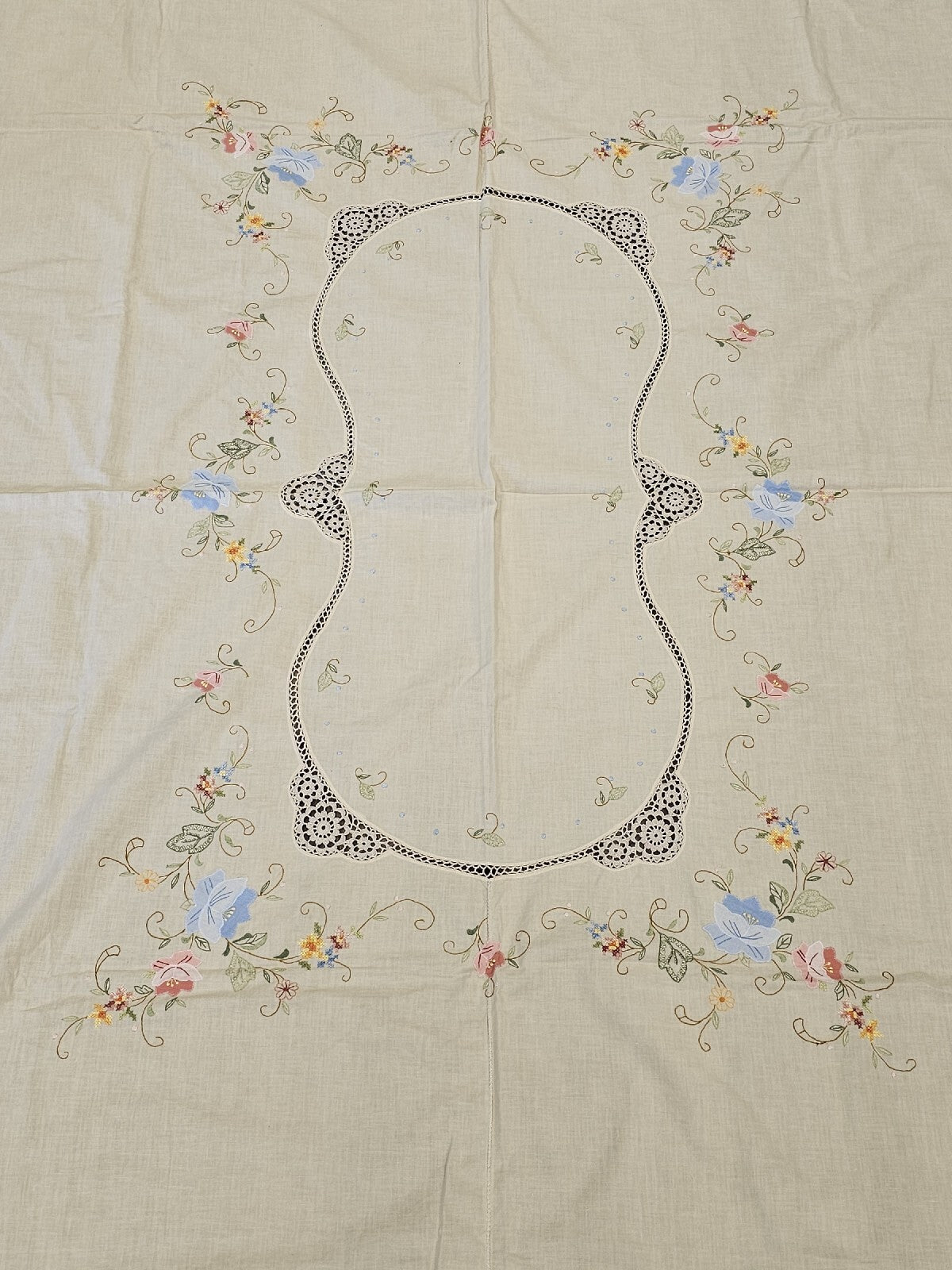 Vintage Handmade Linen Needlepoint Floral Table Cloth Cross Stitched 80" X 64"