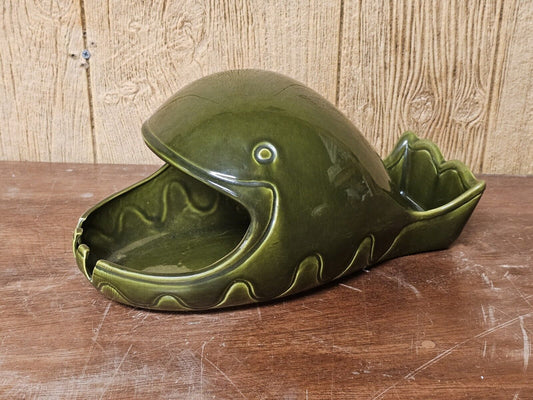 Vtg MCM California Pottery Large 13 Inch Green Fish Whale Decor Marked Repaired 