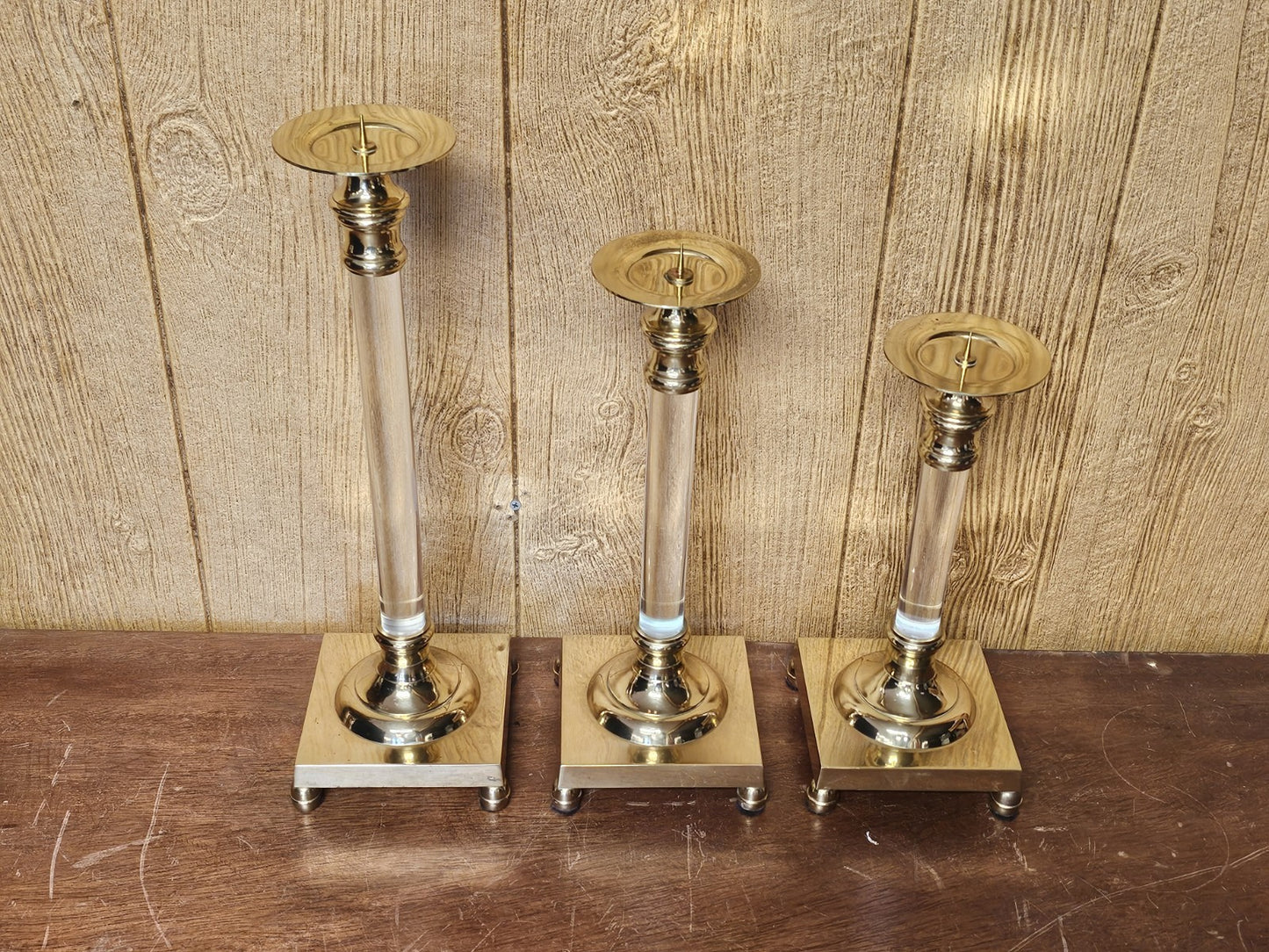 Vtg MCM Brass & Lucite Candle Holders Set Of Three 18.5 T X 16 T X 13.5 T 