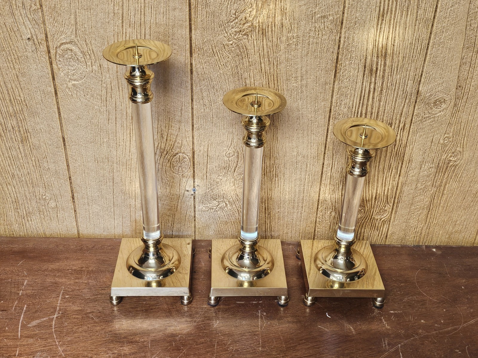 Vtg MCM Brass & Lucite Candle Holders Set Of Three 18.5 T X 16 T X 13.5 T 
