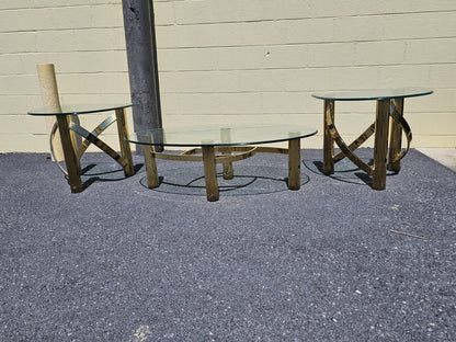 1980s Post Modern Tubular Brass & Beveled Glass Side Table Coffee Table Set