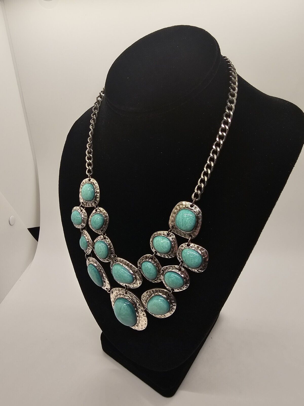 Silver Tone Faux Turquoise Choker Statement Necklace Native American Style