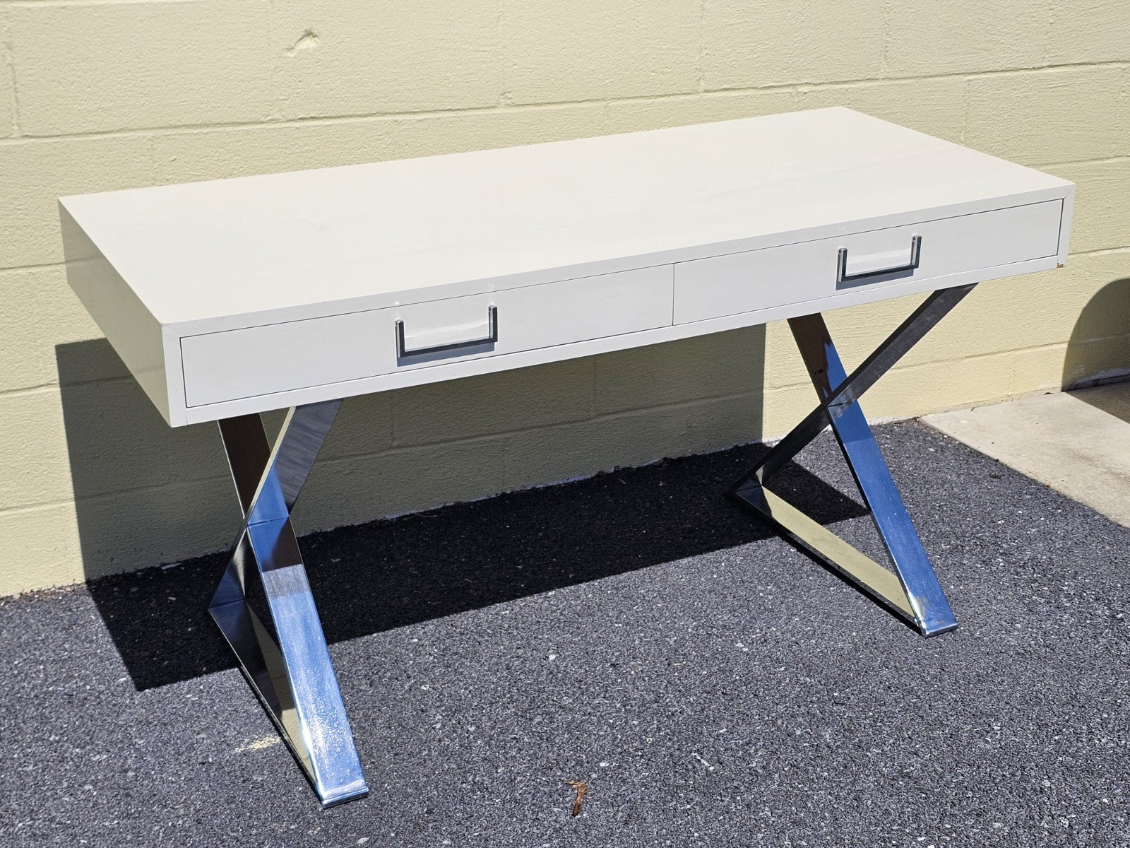 MCM Milo Baughman? Style Campaign Writing Desk White Lacquer & X Chrome Base