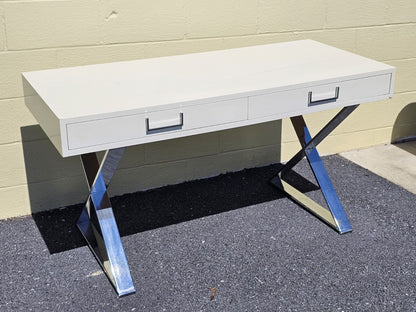 MCM Milo Baughman? Style Campaign Writing Desk White Lacquer & X Chrome Base