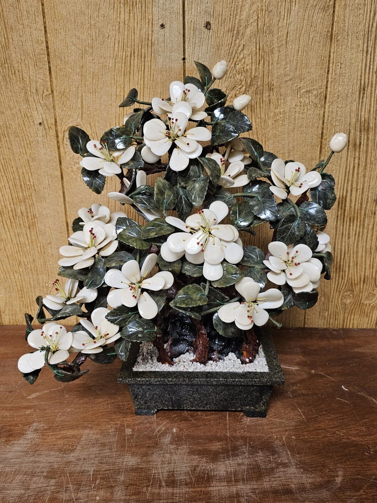 MCM Jade Agate & White Quartz Asian Bonsai Floral Tree Of Life 20 Inch Tall