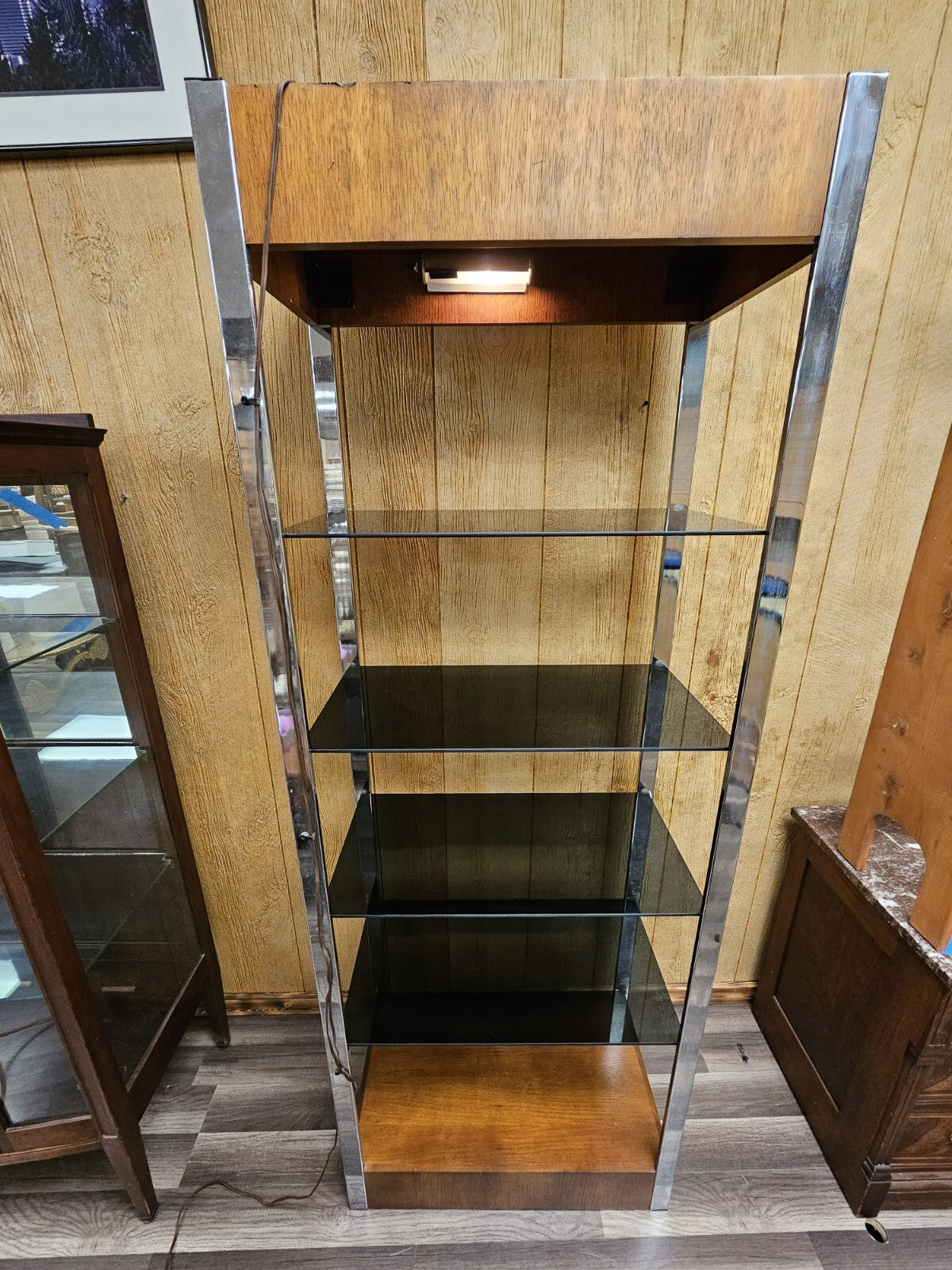 Vtg MCM Chrome & Walnut Post Modern Bookshelf Etagere W Smoky Glass Shelves