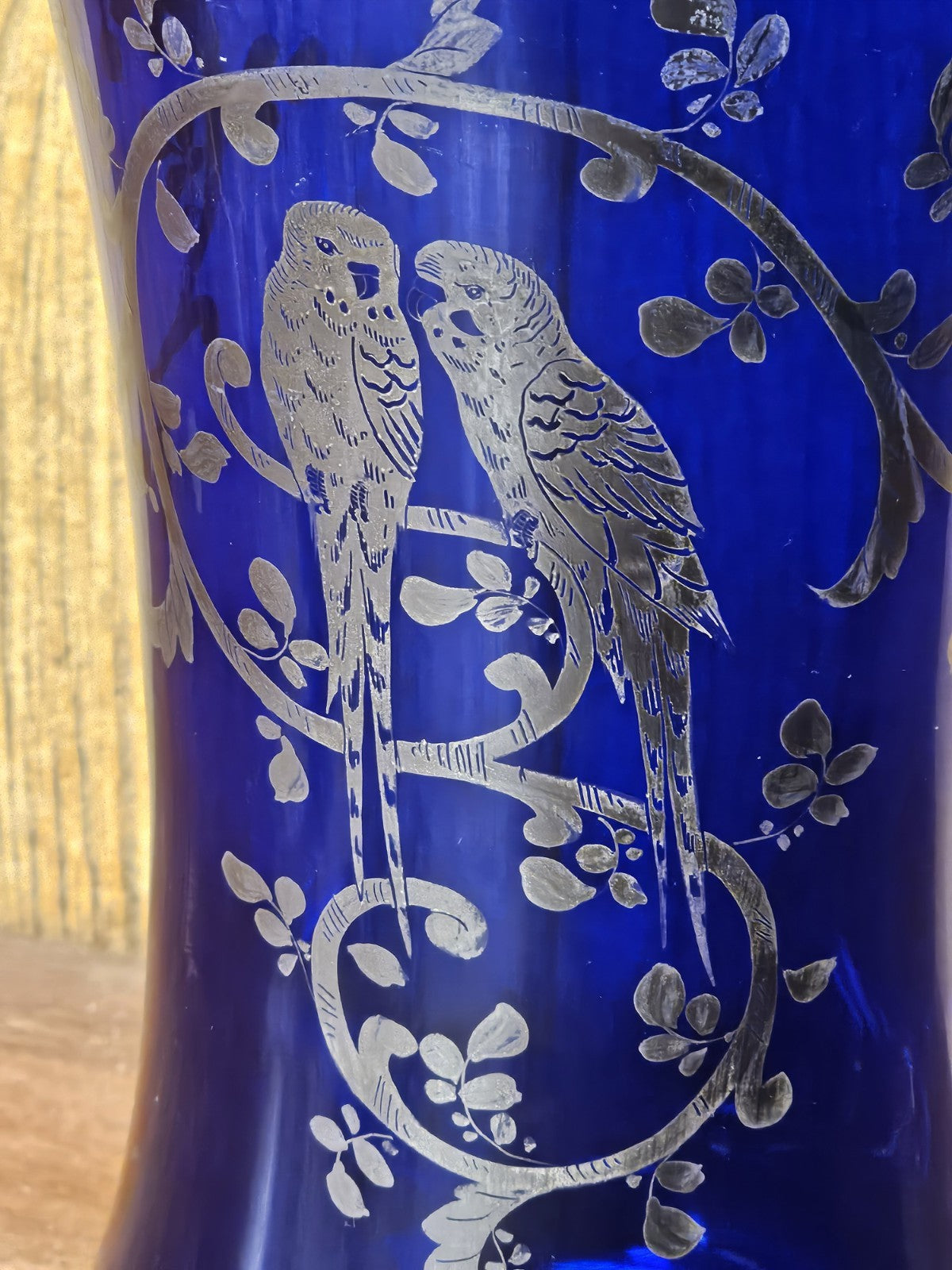 Vtg Czech Cobalt Blue Art Glass Vase With Silver Overlay Parrots Birds 11 " Tall