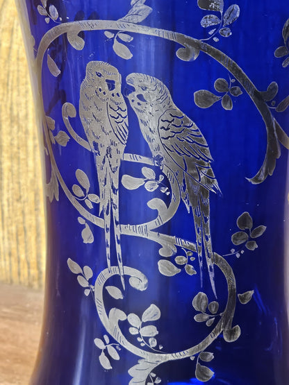 Vtg Czech Cobalt Blue Art Glass Vase With Silver Overlay Parrots Birds 11 " Tall