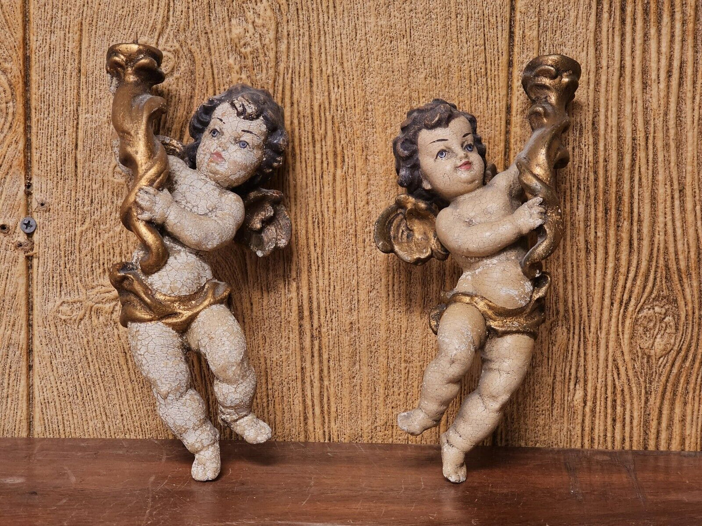 Pair Of Antique 19th Century Italian Cherub Sconces Hand Carved Painted 9in Tall