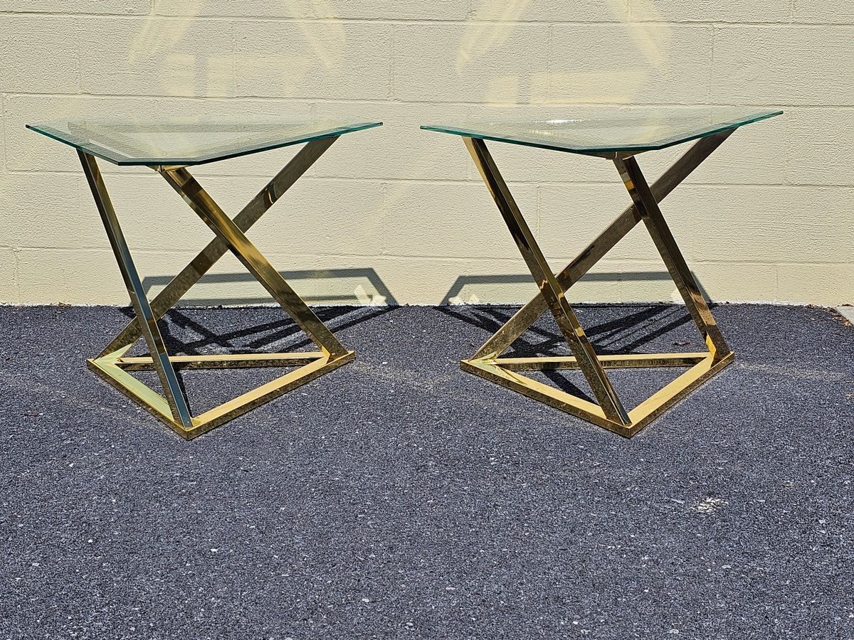 MCM Abstract Triangular Brass Base w Glass Top Accent End Tables