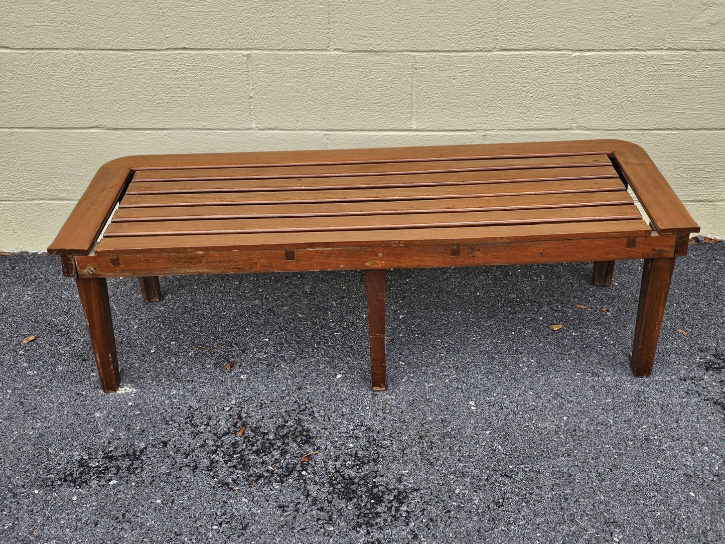 Mid Century Modern Teak Slat Boat Bench Vintage Wood Coffee Conversation Table 