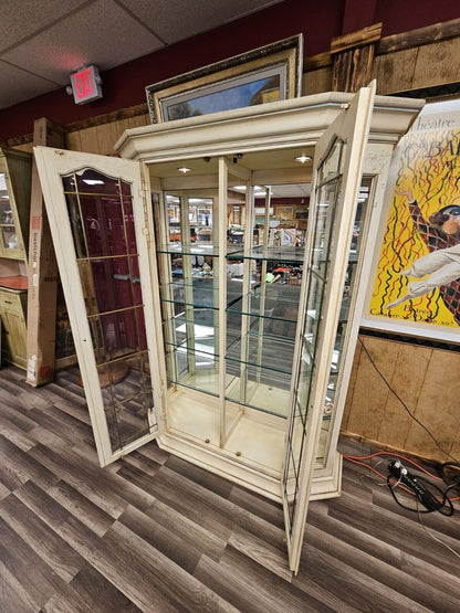 High Quality Distressed Lighted Display Cabinet W Beveled Panel Glass 2 Doors