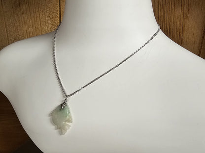 Hand Carved Jade Fish Pendant 1.25" Long On Silver Necklace 17.75" Long