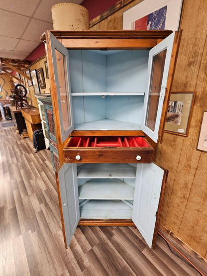 Antique Primitive Pine Corner Cabinet w Glass Panel Doors & Porcelain Pulls