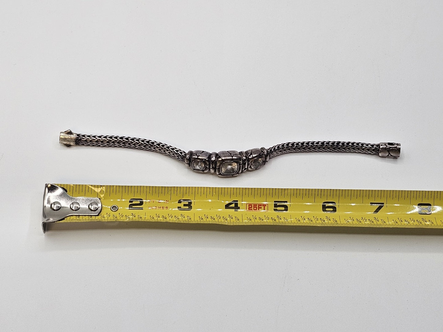John Hardy 925 Sterling White Topaz Woven Bracelet 33 Grams 7.5 Inch 3 Stones