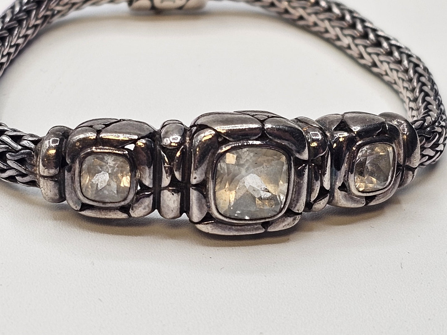 John Hardy 925 Sterling White Topaz Woven Bracelet 33 Grams 7.5 Inch 3 Stones