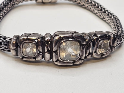 John Hardy 925 Sterling White Topaz Woven Bracelet 33 Grams 7.5 Inch 3 Stones
