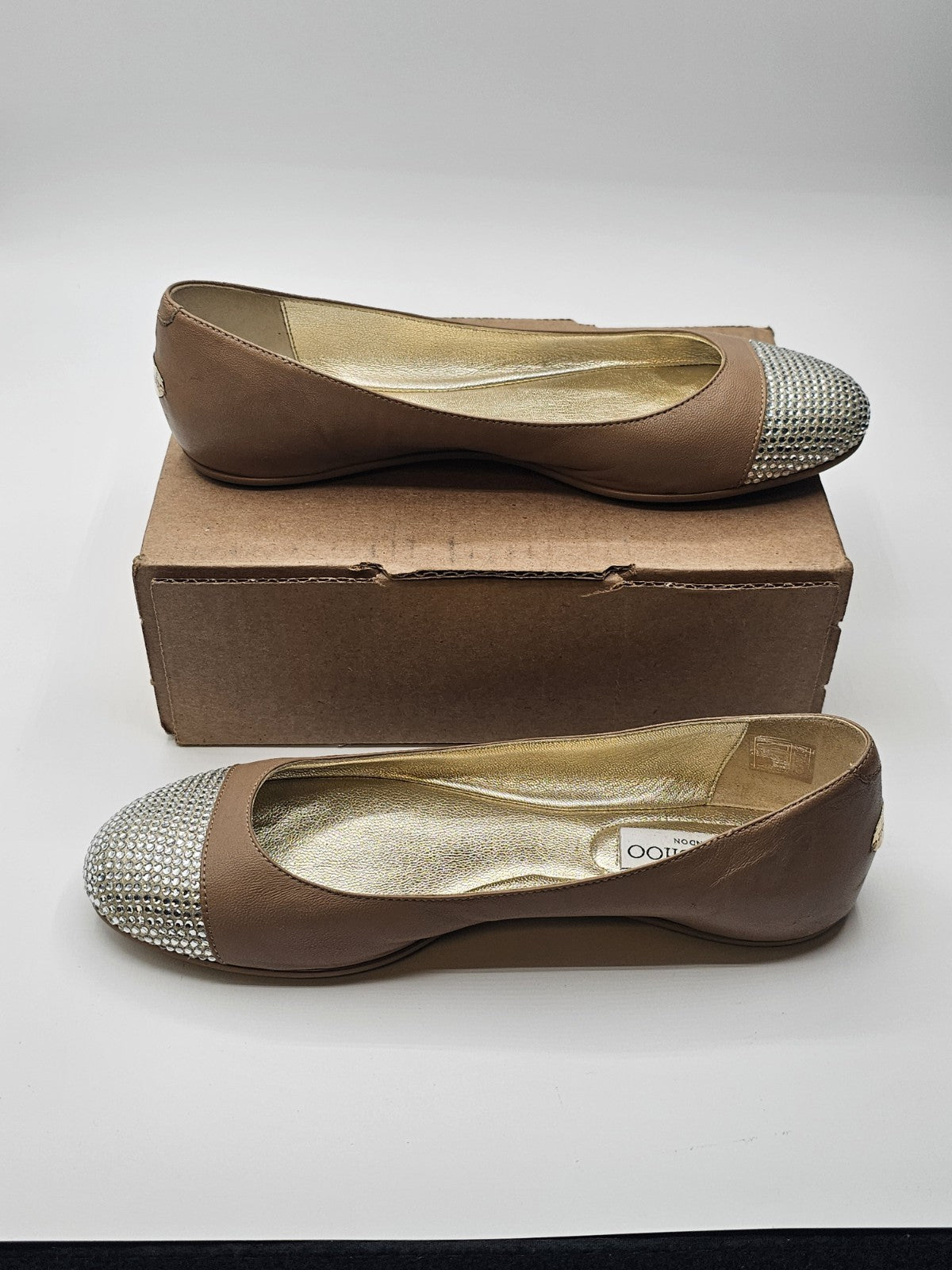 Jimmy Choo Flats Ballet Tan Cream Leather Ballerina Shoes Size 36 Used Sparkle