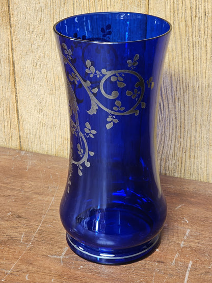 Vtg Czech Cobalt Blue Art Glass Vase With Silver Overlay Parrots Birds 11 " Tall