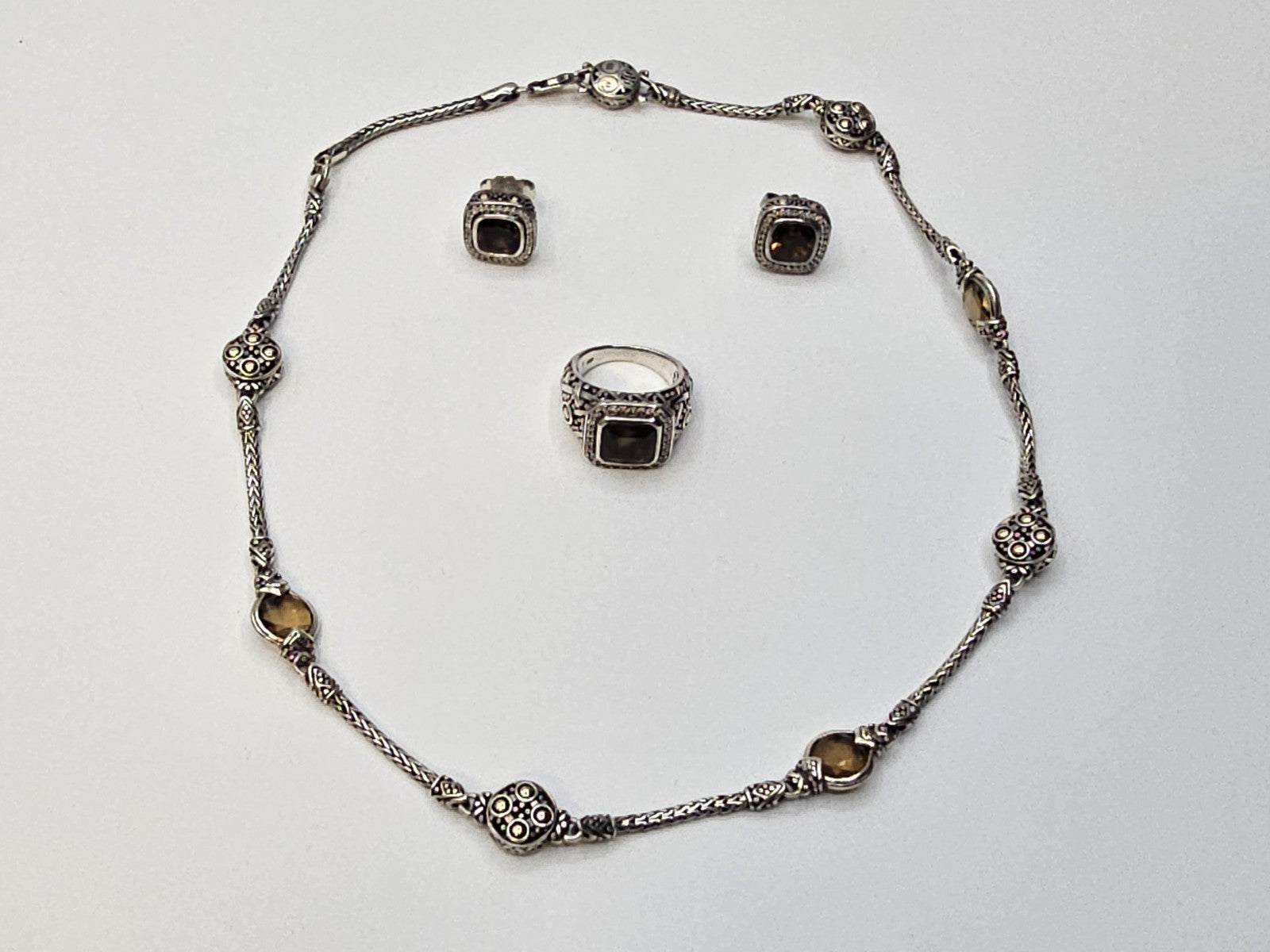 John Hardy 18k & Sterling Buta Suri Topaz 18 In Necklace, Ring Size 6 & Earrings