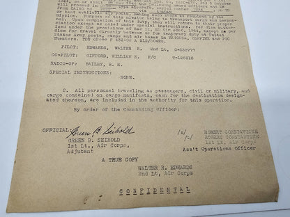 WW2 US Army Air Corps Pilot Official Flight Order Transporting C-46 Aircraft
