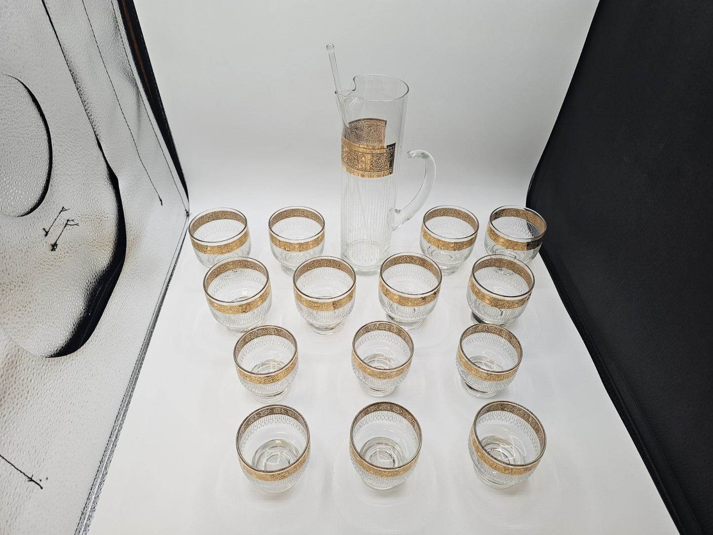 Vtg MCM Culver Gold Rim Tyrol Hollywood Regency Cocktail Pitcher & Glasses