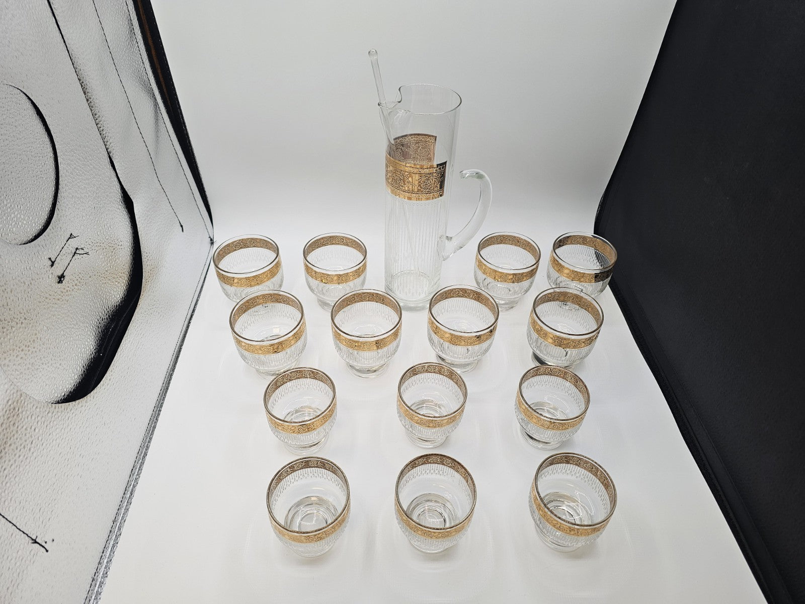 Vtg MCM Culver Gold Rim Tyrol Hollywood Regency Cocktail Pitcher & Glasses