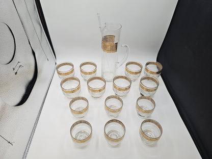 Vtg MCM Culver Gold Rim Tyrol Hollywood Regency Cocktail Pitcher & Glasses