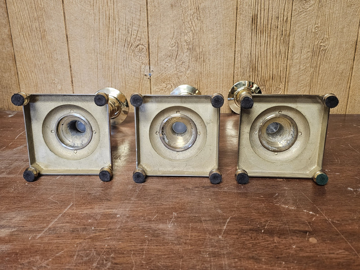 Vtg MCM Brass & Lucite Candle Holders Set Of Three 18.5 T X 16 T X 13.5 T 