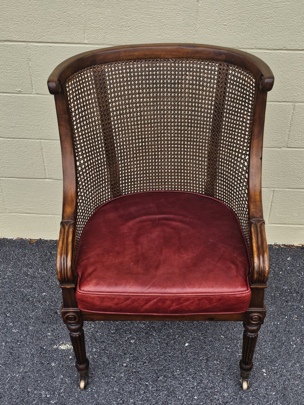 Vtg Regency Style Bergere Cane & Leather Armchair W Original Brass Casters 