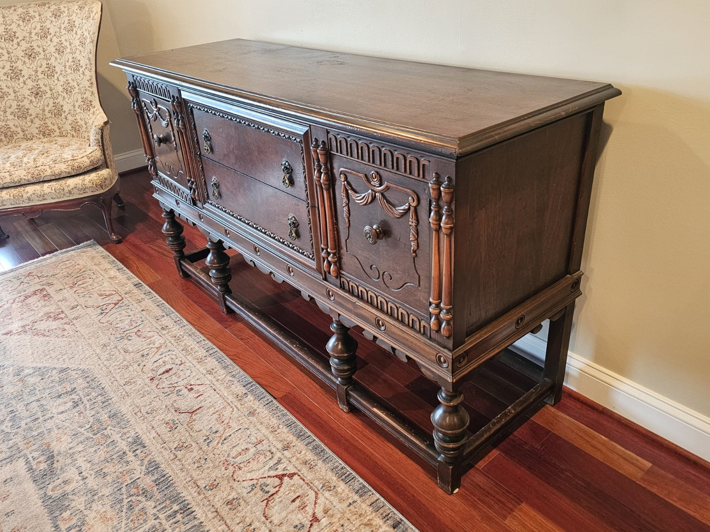 Antique Jacobean Walnut Sideboard Ornately Carved Buffet Server W Brass Hardware