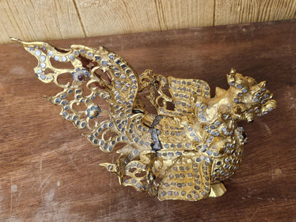 Vtg Thai or Southeast Asian Burmese Handmade Bird Box Tin Gold Lacquered Wood