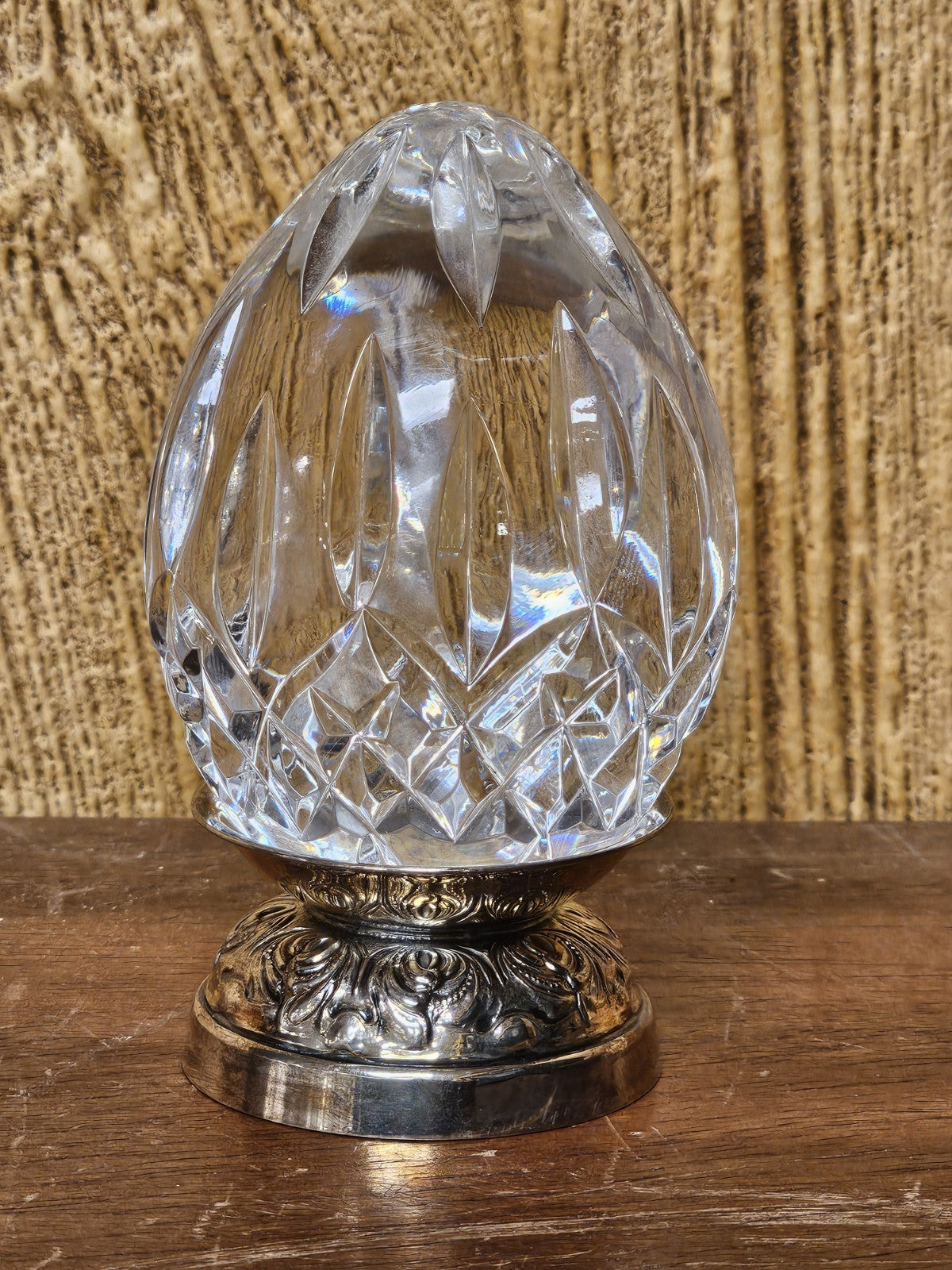 Waterford Crystal Lismore Annual Repousse Egg W Silver Plate Stand 1993 Ireland