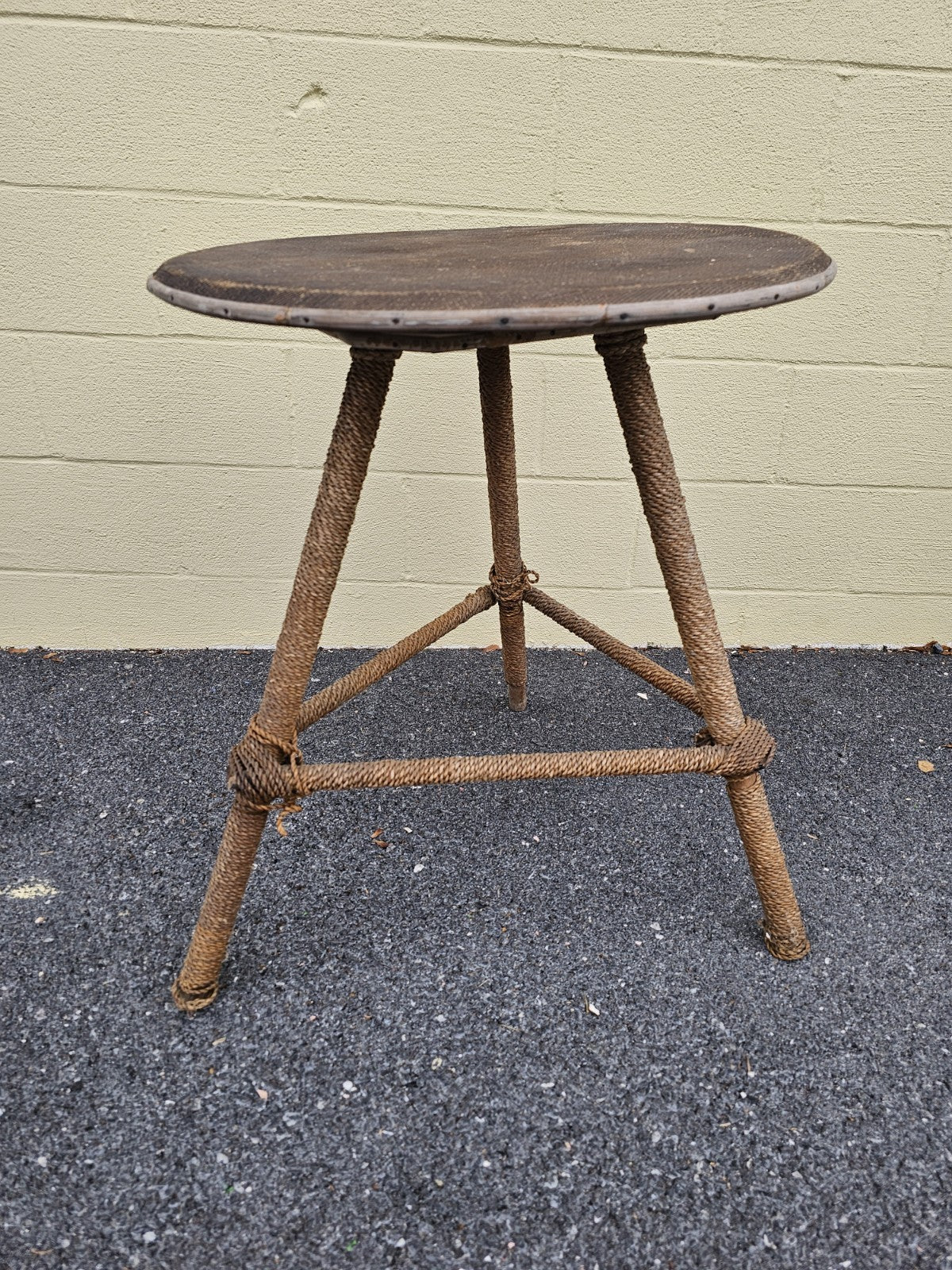 MCM Nautical Theme Side Table W Woven Rattan Top & Woven Rope Tripod Legs
