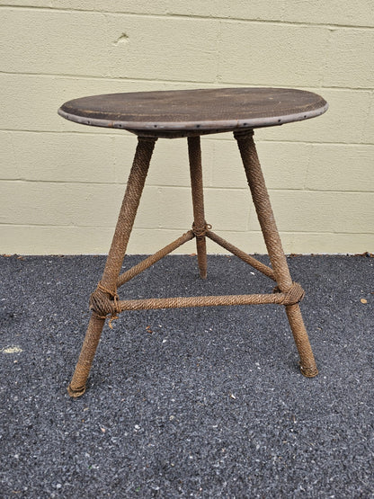 MCM Nautical Theme Side Table W Woven Rattan Top & Woven Rope Tripod Legs