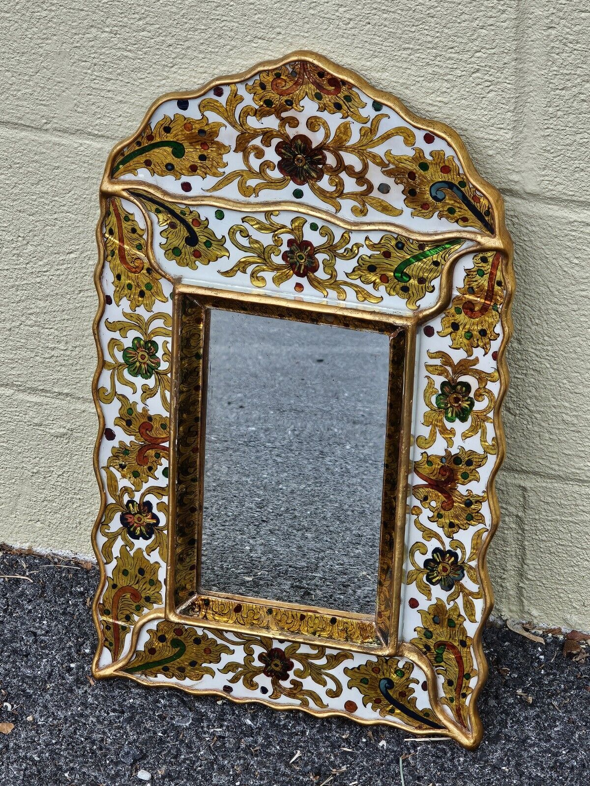 Vtg Reverse Hand Painted Glass Mirror On Wood With Gold Leaf & Ornate Medallions