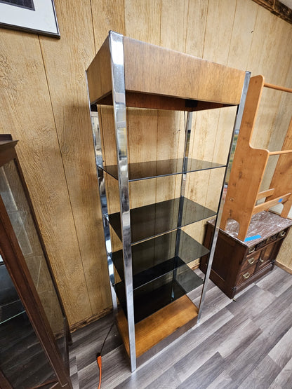 Vtg MCM Chrome & Walnut Post Modern Bookshelf Etagere W Smoky Glass Shelves