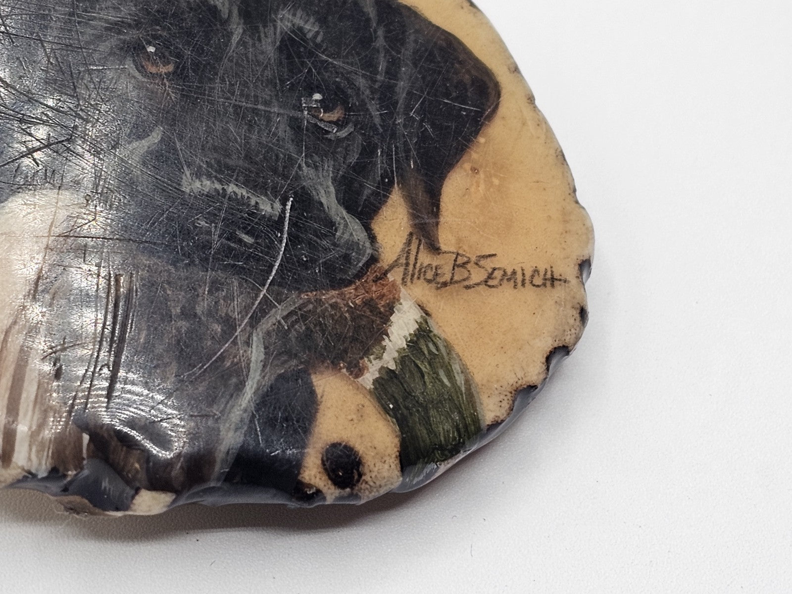 Vtg Alice Semich Elk Antler Belt Buckle W  Hand Painted Black Lab Holding A Duck