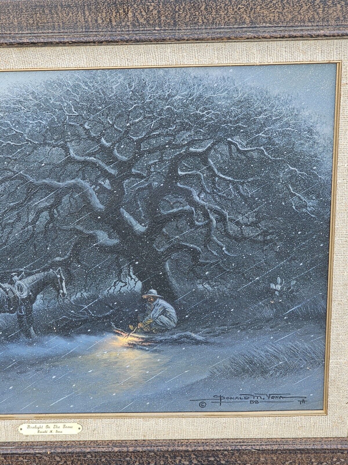 Donald Yena Original Oil Painting Firelight On The Snow Texas Cowboy Western Art