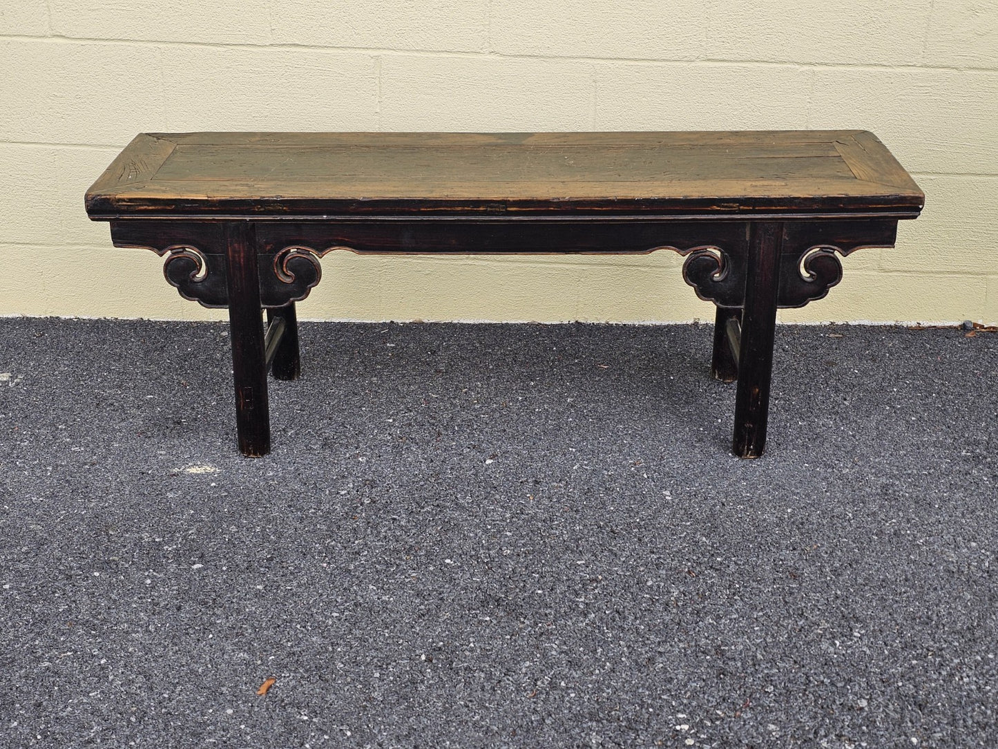 19th Century Antique Chinese Elm Wood Carved Short Table Bench Tongue & Groove